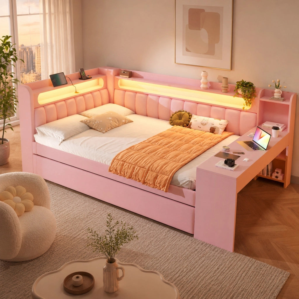 Letto da giorno imbottito 140x200 cm rosa con LED, USB e scrivania