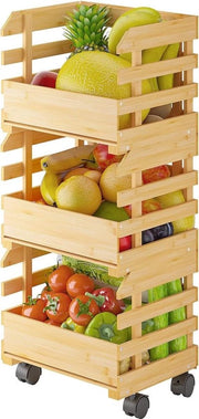 Etagère a Tre Scomparti in Bambù con Ruote - Stivabile - per il Trasporto di Verdure e Frutta