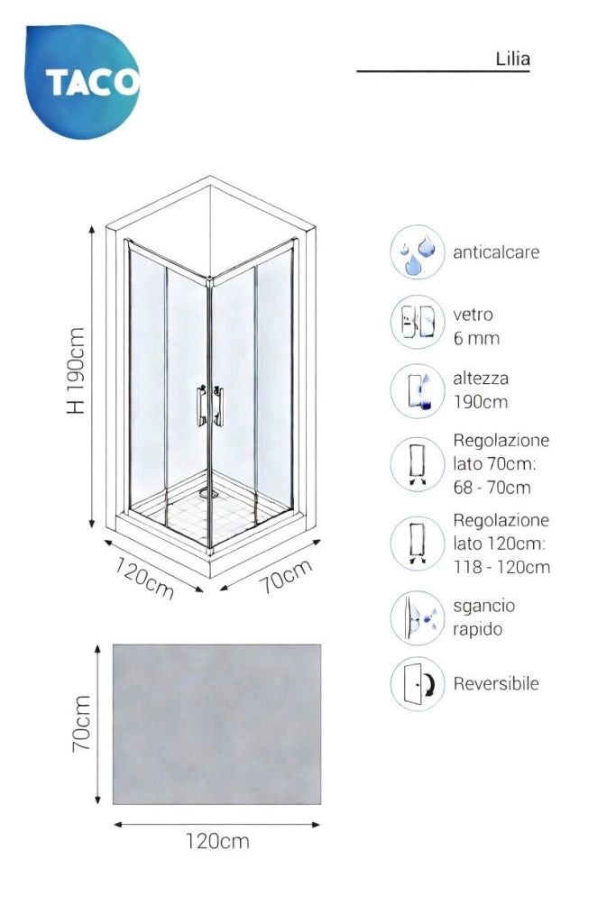 Box doccia angolare 70x120 cm con ante scorrevoli in cristallo temperato 6mm H 190cm LILIA - Cromato Lucido