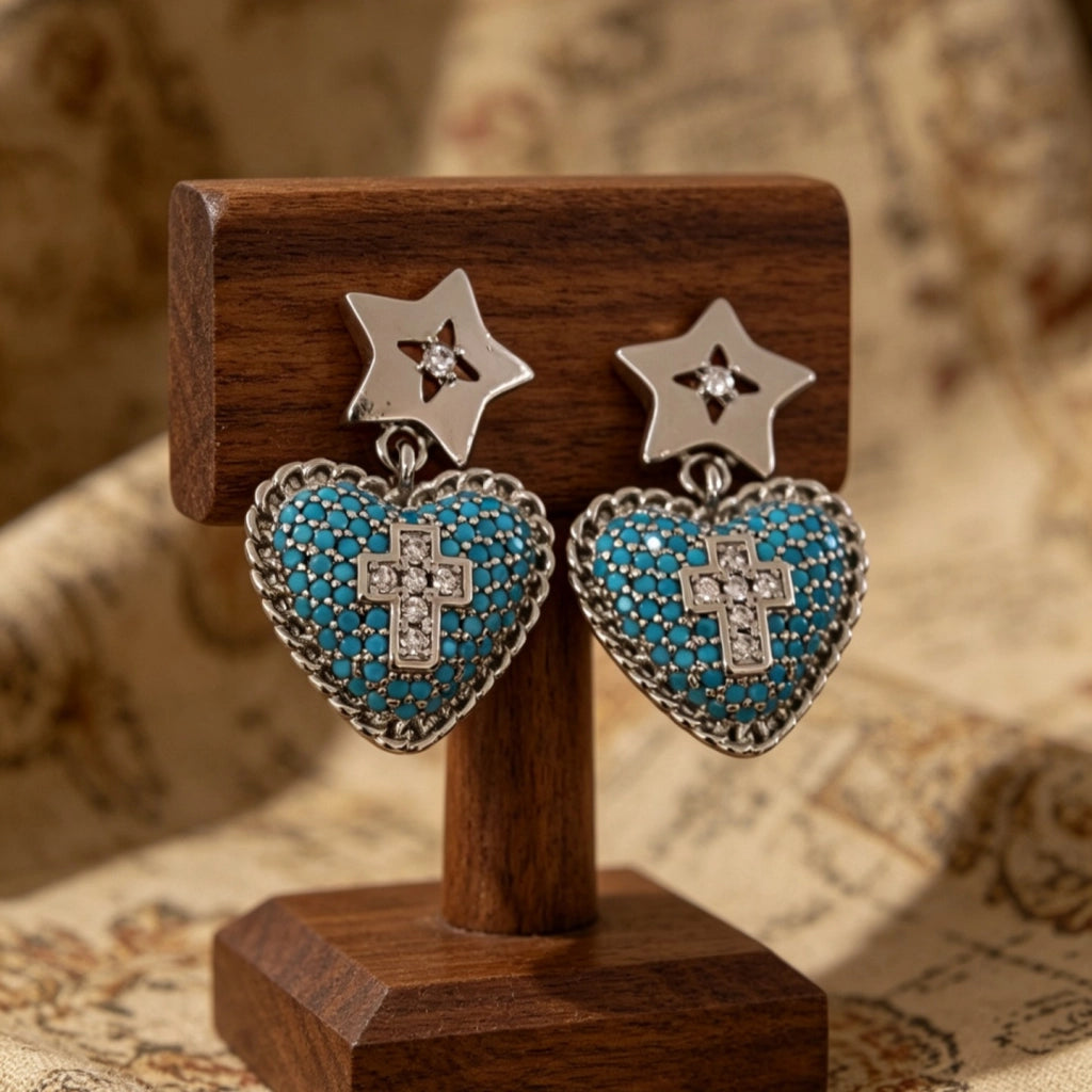 Orecchini a forma di cuore con stella a cinque punte in turchese blu, design squisito e unico, orecchini a croce con zirconi, orecchini a forma di stella e di cuore.