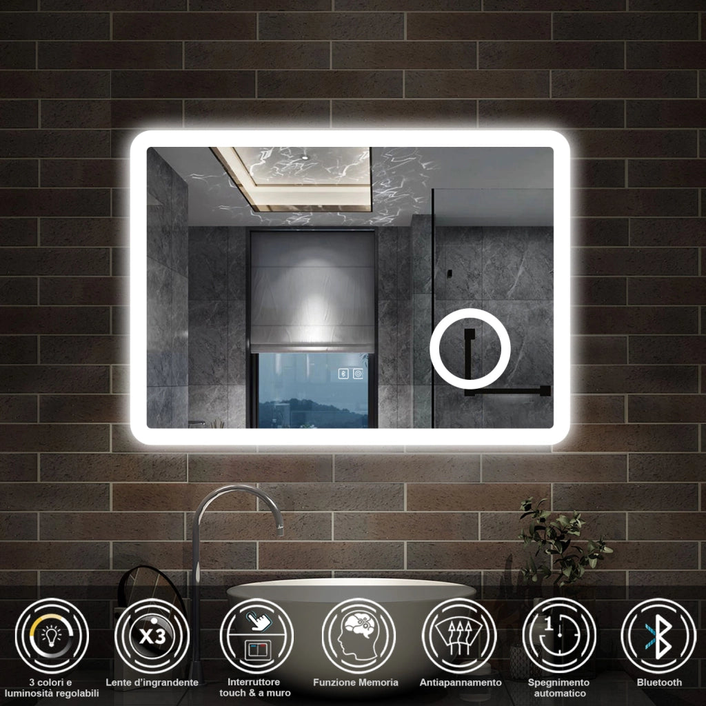 specchio rettangolare 80x60 cm con luce dimmerabile a 3 colori, bluetooth, antiappannamento e ingranditore 3x