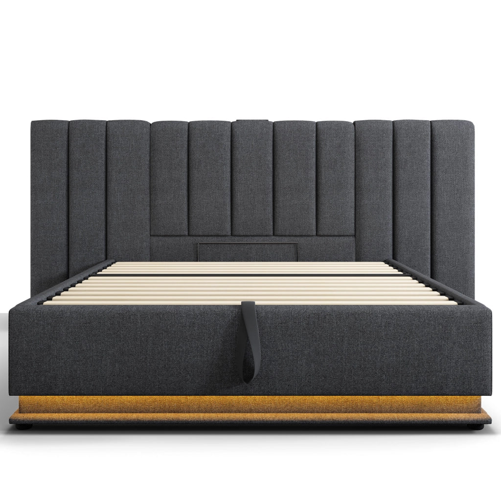 Letto matrimoniale contenitore 180x200 cm con LED 360掳; USB e USB-C; in lino grigio