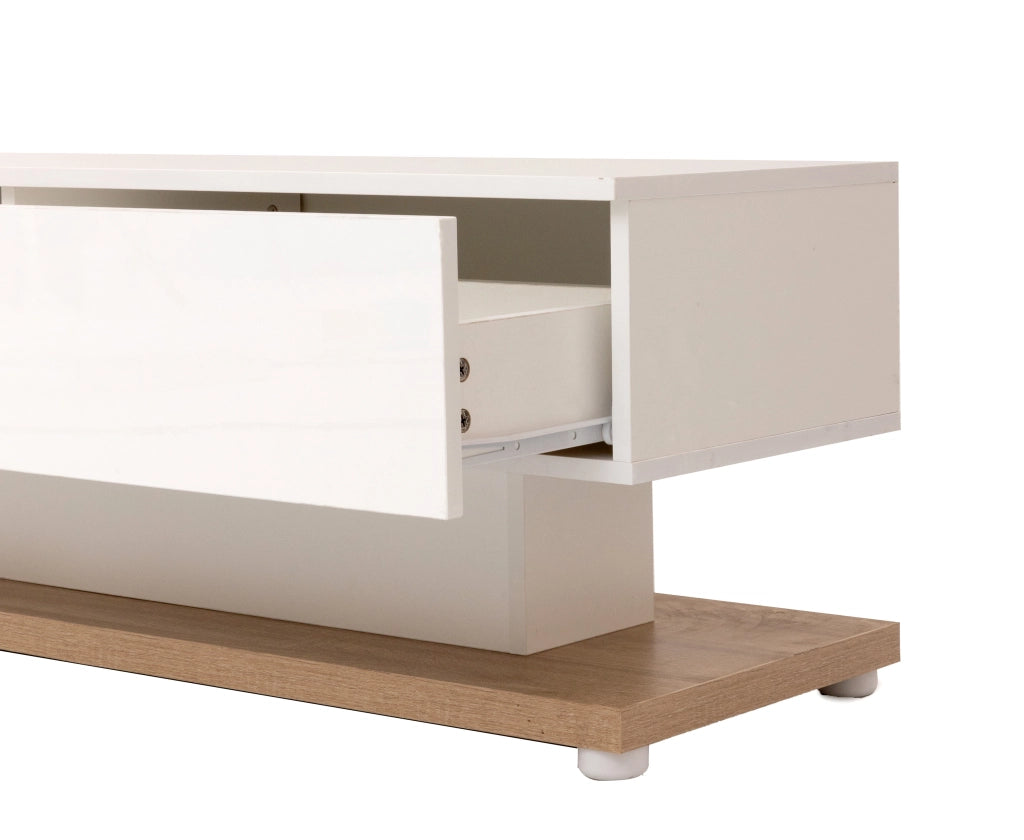 Mobile porta tv con due cassetti e due ripiani in vetro, LED regolabile via app, bianco lucido e legno, 170 × 36 × 38 cm