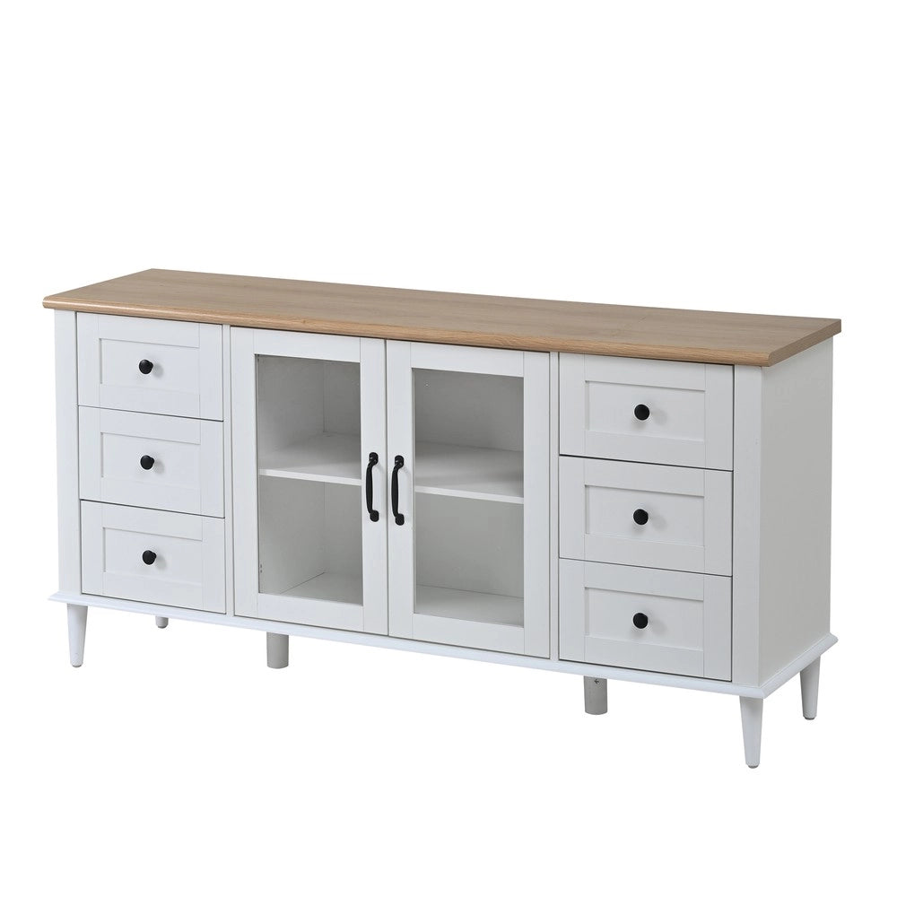 Credenza Soggiorno con LED, 6 Cassetti e 2 Ante ¨C MINIMAL ¨C Bianco/Legno 150x40x75
