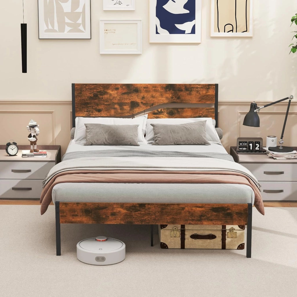 Telaio letto per materasso da 140 x 200 cm, letto in metallo con rete a doghe, letto a piattaforma con testiera, letto matrimoniale industriale in metallo e legno, letto per gli ospiti rustico