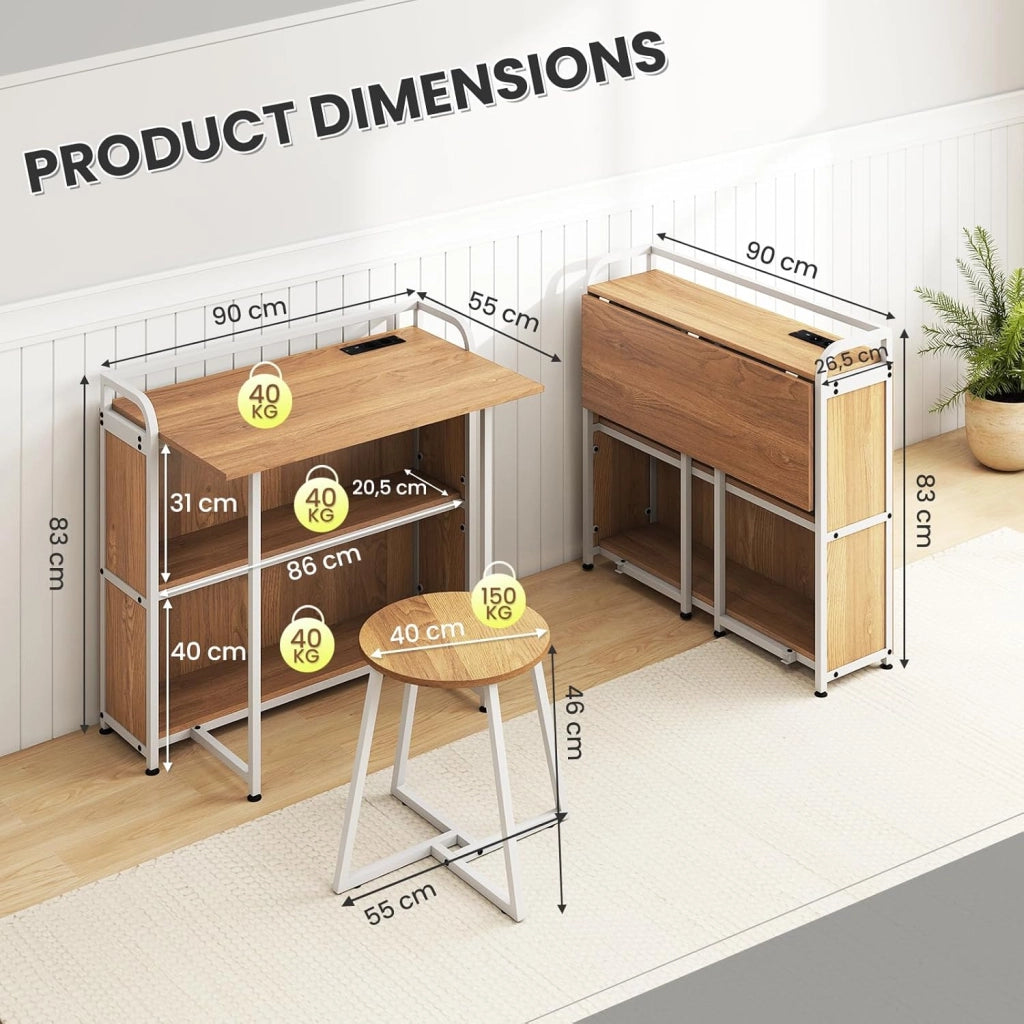 Scrivania per Computer con Piano Pieghevole e Stazione di Ricarica, 2 Ripiani Portaoggetti e Sgabello Rotondo, 90 x 55 cm, Ideale per Studio, Camera da Letto e Sala da Pranzo
