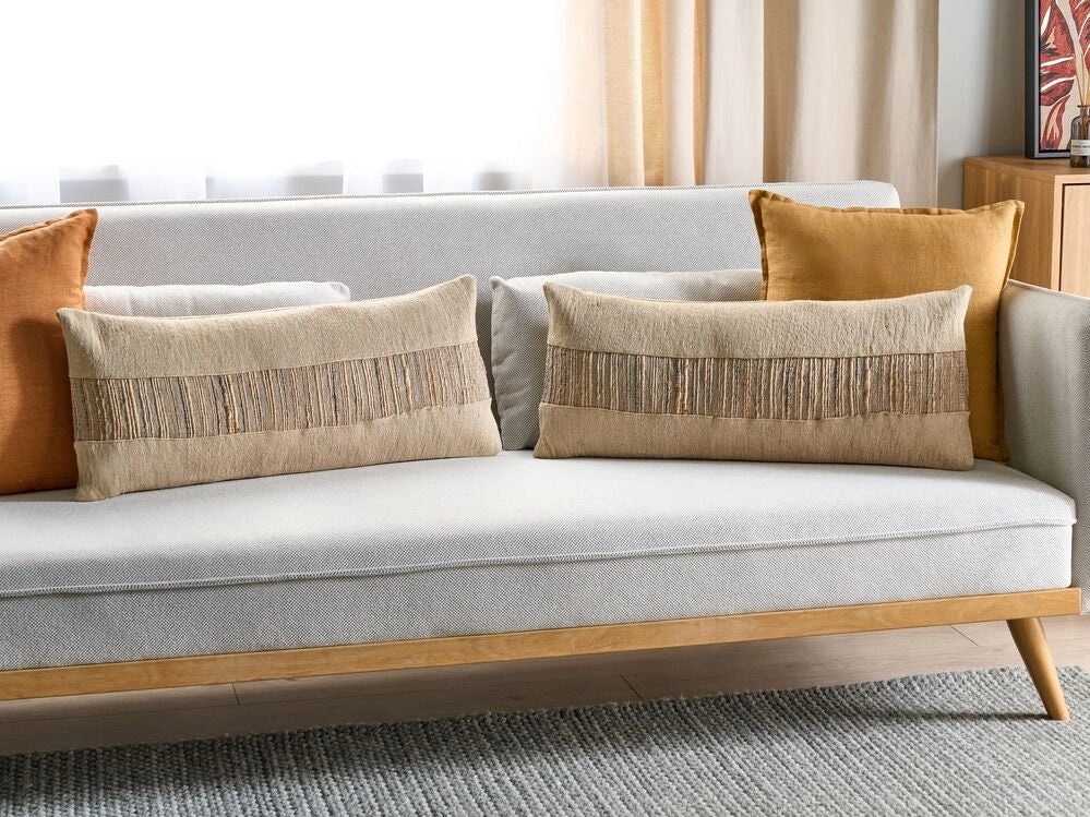 Set di 2 cuscini in iuta con imbottitura sfoderabile e nappe decorative a tinta unita beige 30 x 70 cm decorativi boho