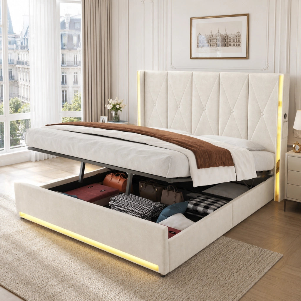 Letto 180x200 cm con contenitore; LED; USB e Type-C in velluto beige