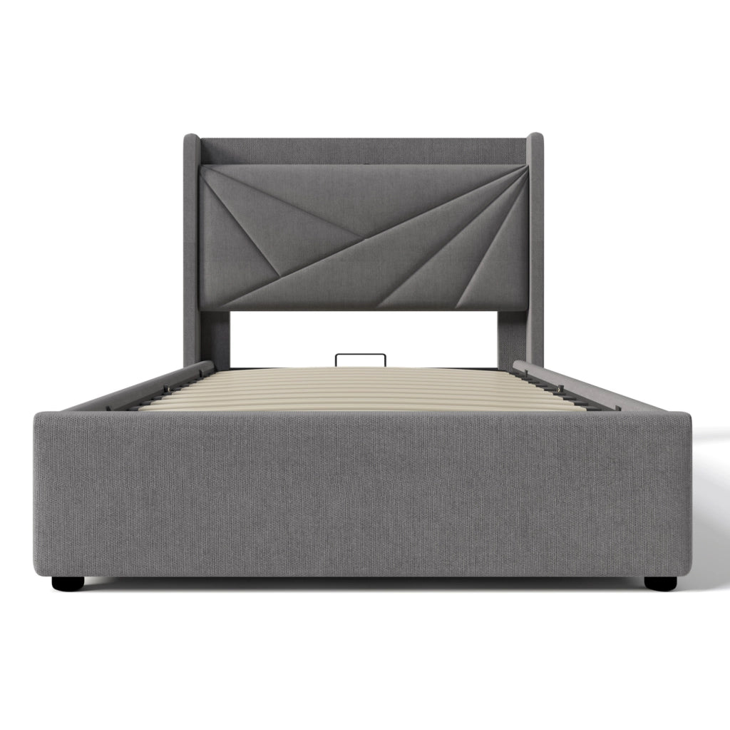 Letto singolo contenitore 90x200 cm con USB C e USB; testiera geometrica; grigio