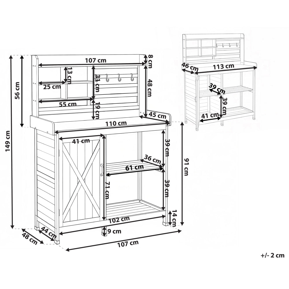 Tavolo da giardinaggio con spazio di archiviazione 113 x 46 x 148 cm Legno di abete marrone chiaro Piano di lavoro in ferro