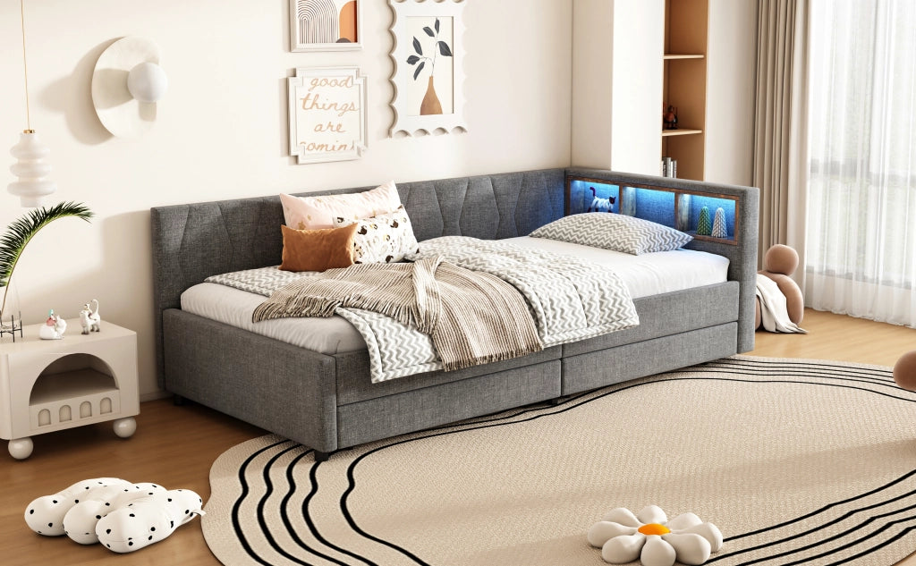 DESMIU Letto singolo 90 × 200 cm con 2 cassetti, LED, USB e Type-C, senza materasso, in lino, grigio