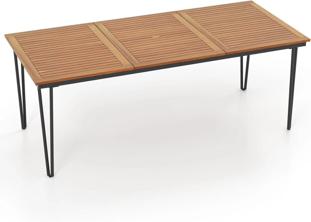 Tavolo da Giardino in Legno di Acacia, Tavolo da Esterno per 8 Persone, Tavolo Rettangolare da Birra con Foro per Ombrellone, 200x90x75 cm