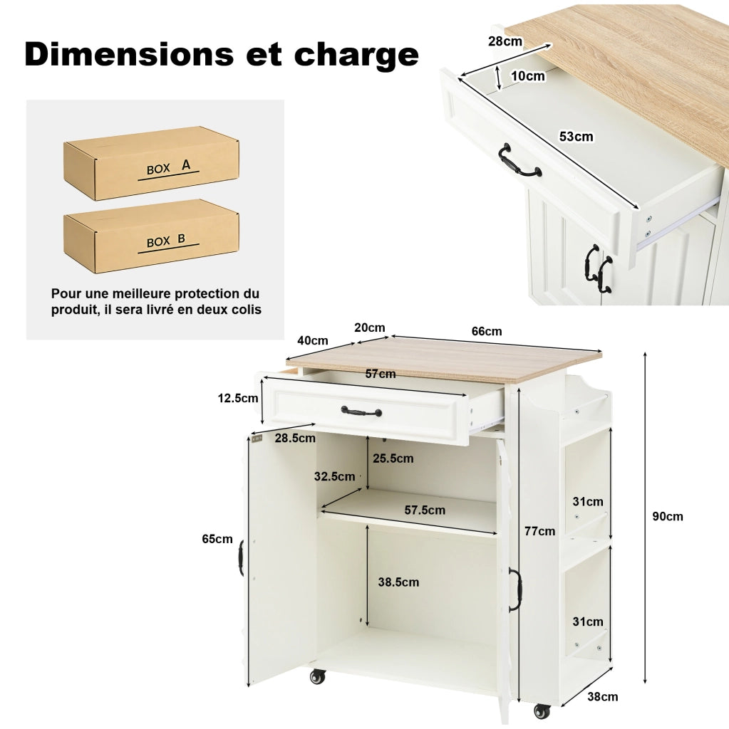 Carrello cucina 66x40(60)x90 cm con piano pieghevole; cassetto e ruote in MDF bianco
