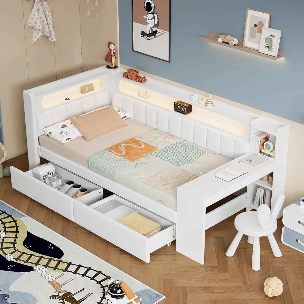 OKWISH Letto a Divano 90×200 cm, Letto Singolo con USB, LED Regolabile e Scrivania, 2 Cassetti, senza Materasso, Bianco