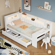 OKWISH Letto a Divano 90×200 cm, Letto Singolo con USB, LED Regolabile e Scrivania, 2 Cassetti, senza Materasso, Bianco