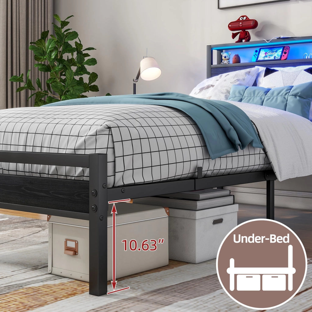 LETTO 90x200 cm con contenitore, metallo e MDF, nero, USB e LED
