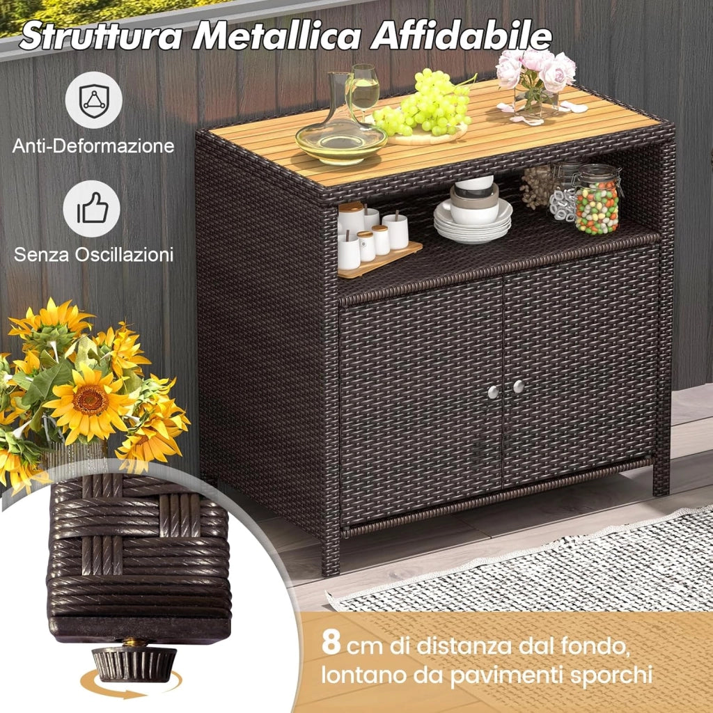 Armadietto Portaoggetti in Rattan, Mobile Buffet per Esterni in Legno di Acacia, Con Compartimento Aperto e Armadio Chiuso a 2 Ante, per Piscina, Terrazza e Patio, 90 x 53 x 86 cm (Marrone)