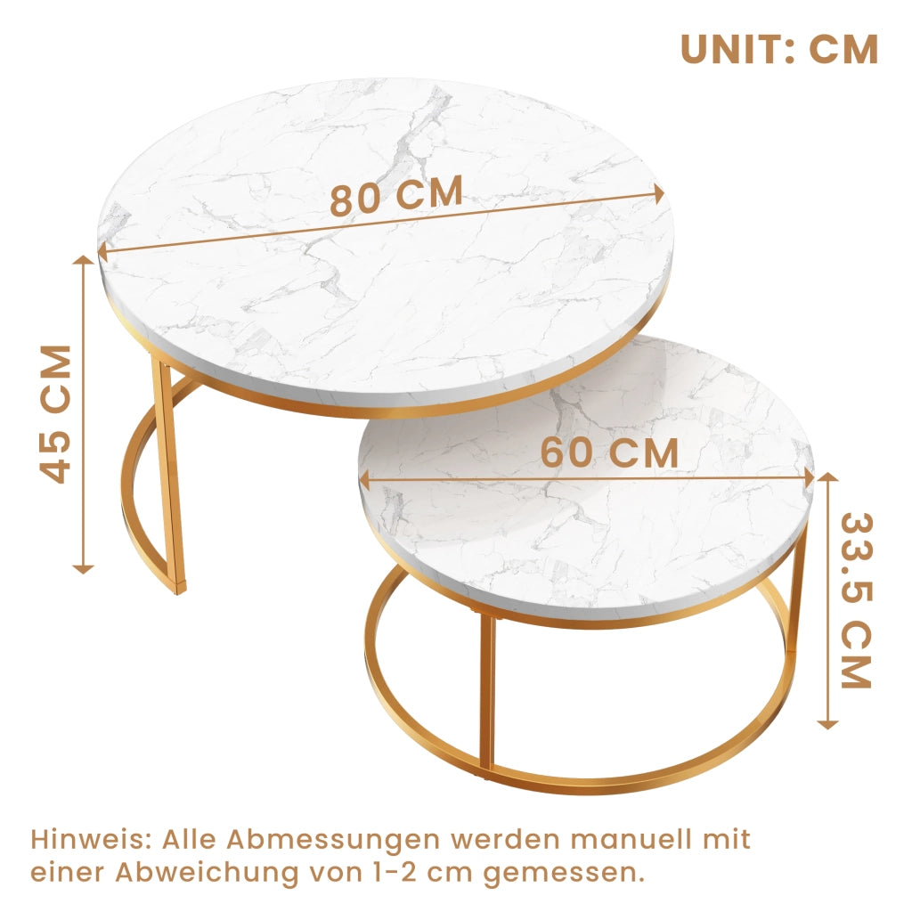 TAVOLINO DA CAFFÈ Set 2 Pezzi 80x45 cm Effetto Marmo Bianco con Struttura color oro
