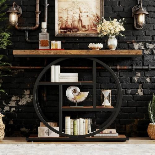 Consolle a 4 livelli in metallo e legno con piano spesso e piedini regolabili nero rustic brown 105 × 30 × 80 cm