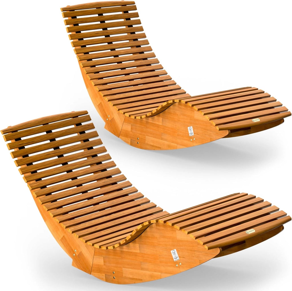 ® 2x Sdraio a Dondolo JAVA Pieghevole 155x60x93cm Portata 160 kg Legno Acacia Certificato FSC® Lettino Sauna