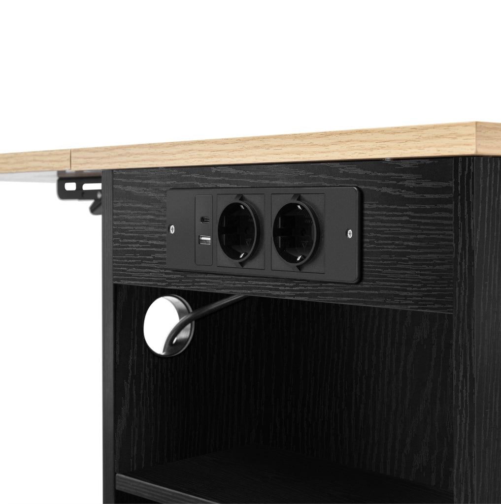 Isola da cucina 120x40-70x92 cm con piano ribaltabile e prese; in MDF e PB; nero naturale