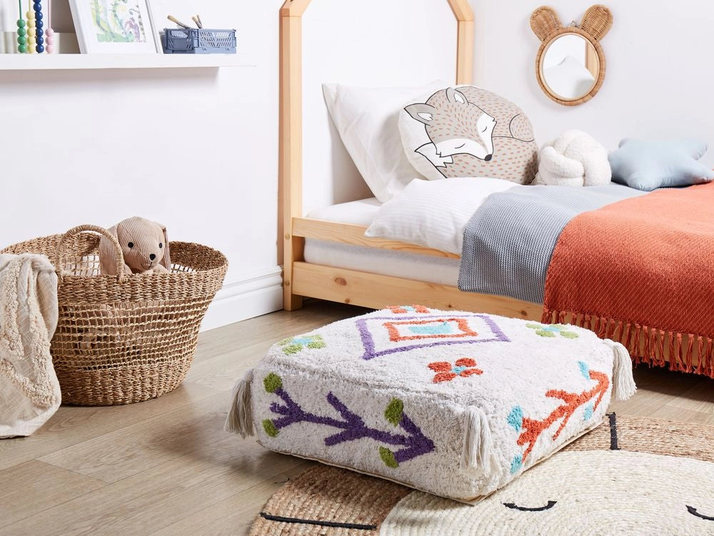 Cuscino da terra in cotone bianco e multicolore 55 x 55 x 20 cm Tessuto quadrato a motivi geometrici Pouf da seduta