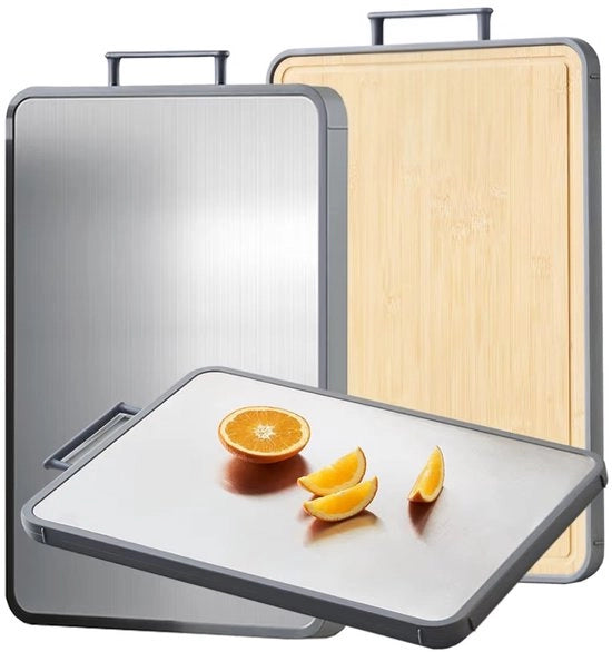 Snijplank doppio, in bamboo, per cucina, doppio, di alta qualità, in titanio puro e bamboo, non-stick, duraturo e facile da pulire