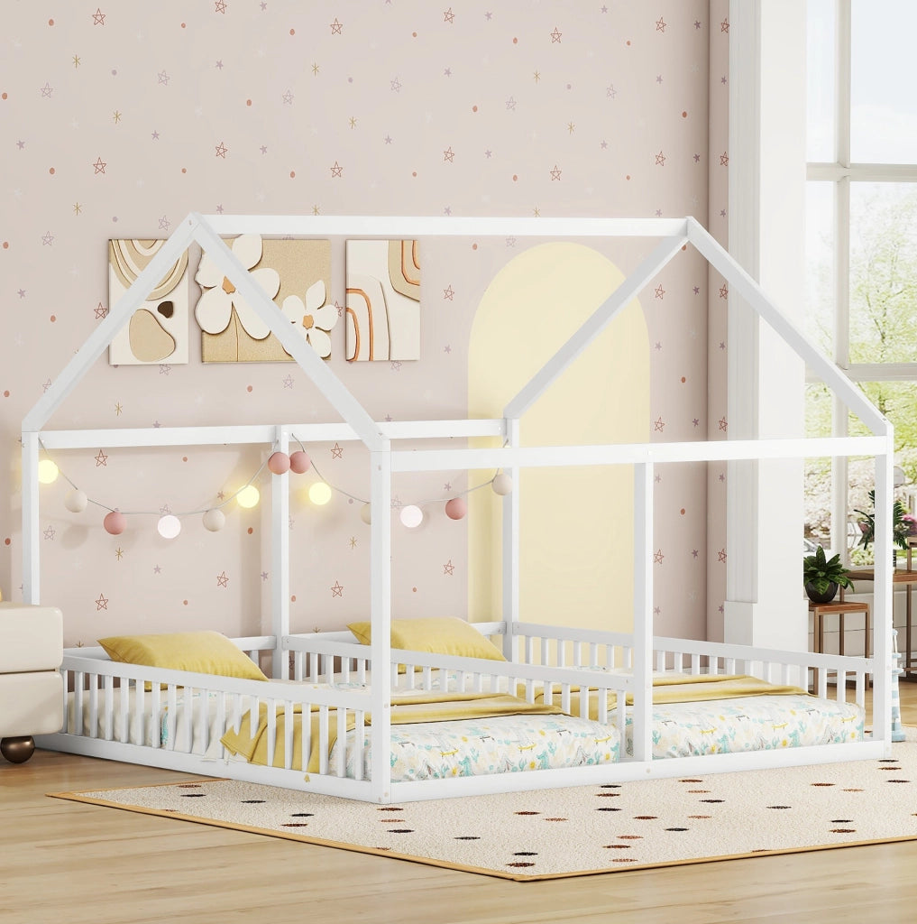 Letto a casetta doppio ULEVR 2 in 1 con due reti 90x200 cm, sponde di sicurezza, bianco