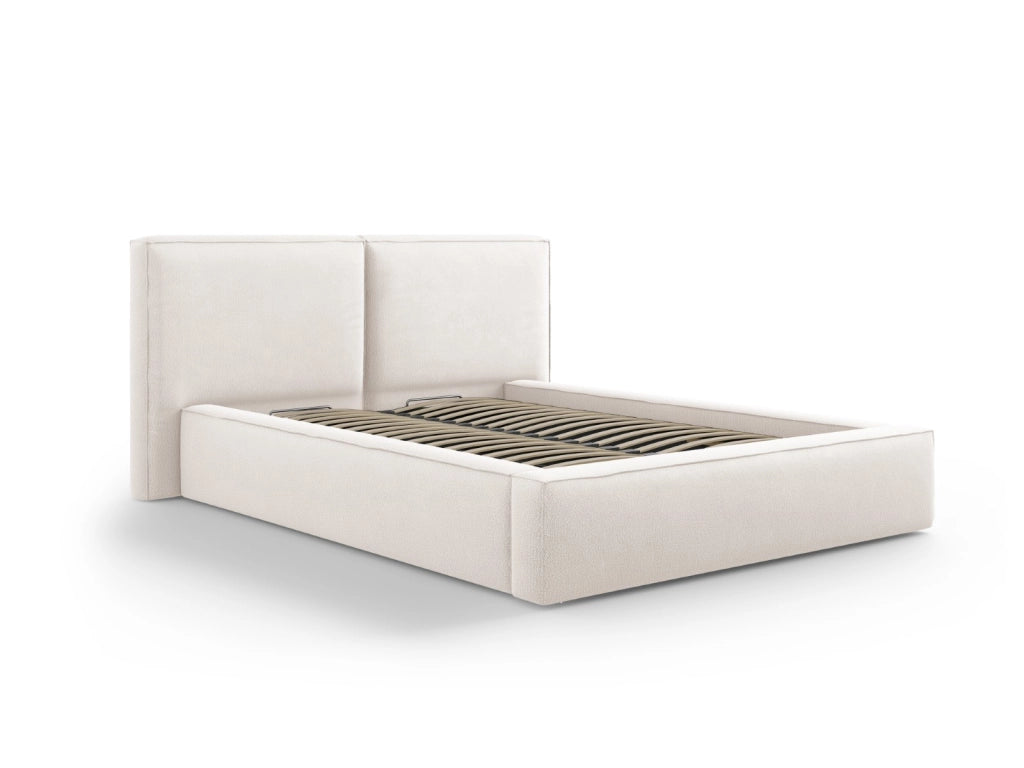 Cosmopolitan Design - Letto a cassettone con testiera doppia "Arendal" 140x200cm in tessuto strutturato beige chiaro 