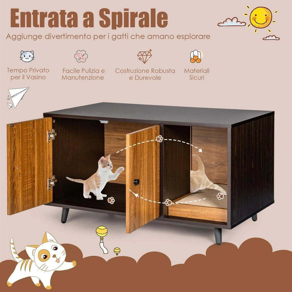 Mobile per Lettiera per Gatti 90 x 50 x 50 cm, Cassetta Igienica per Gatti con Doppia Anta, Divisore, Ingresso Avvolgibile, Tiragraffi e Gambe di Metallo Solido (Marrone)