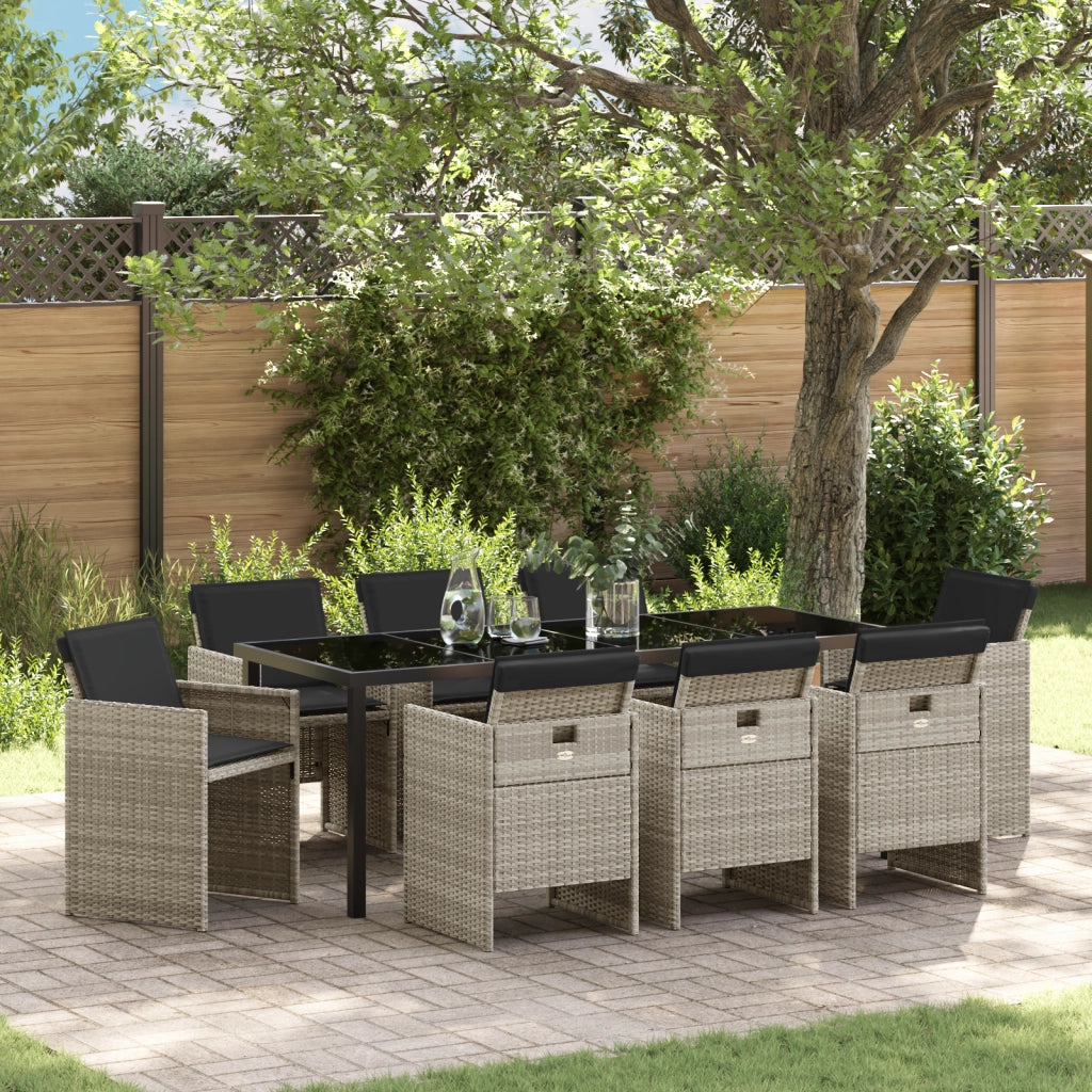 Set da Pranzo da Giardino con 9 Pezzi e Cuscini Grigio Chiaro Rattan Polare