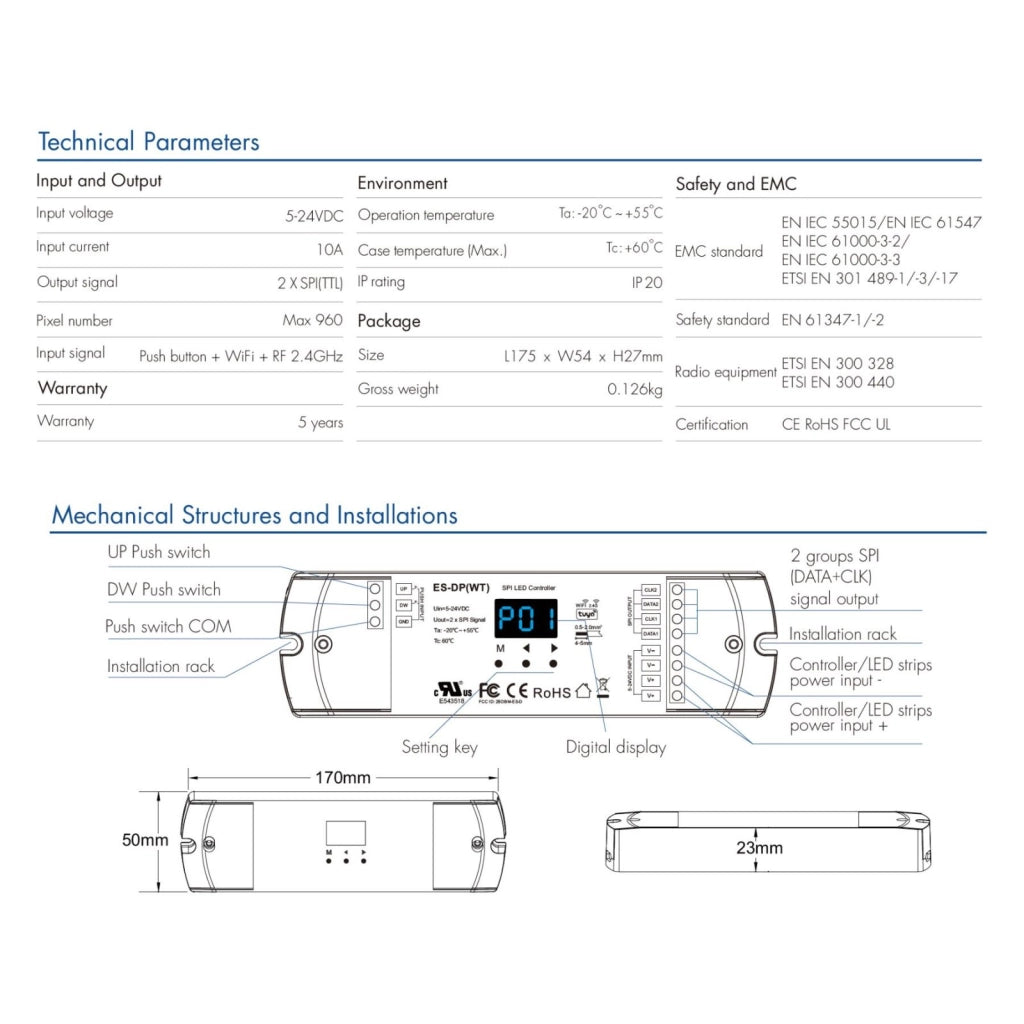 Controller Dimmer SPI Con Push Pulsante, Tuya WIFI, RF 2.4G, 5-24V 10A, 960 Pixel, Per Striscia Led Running