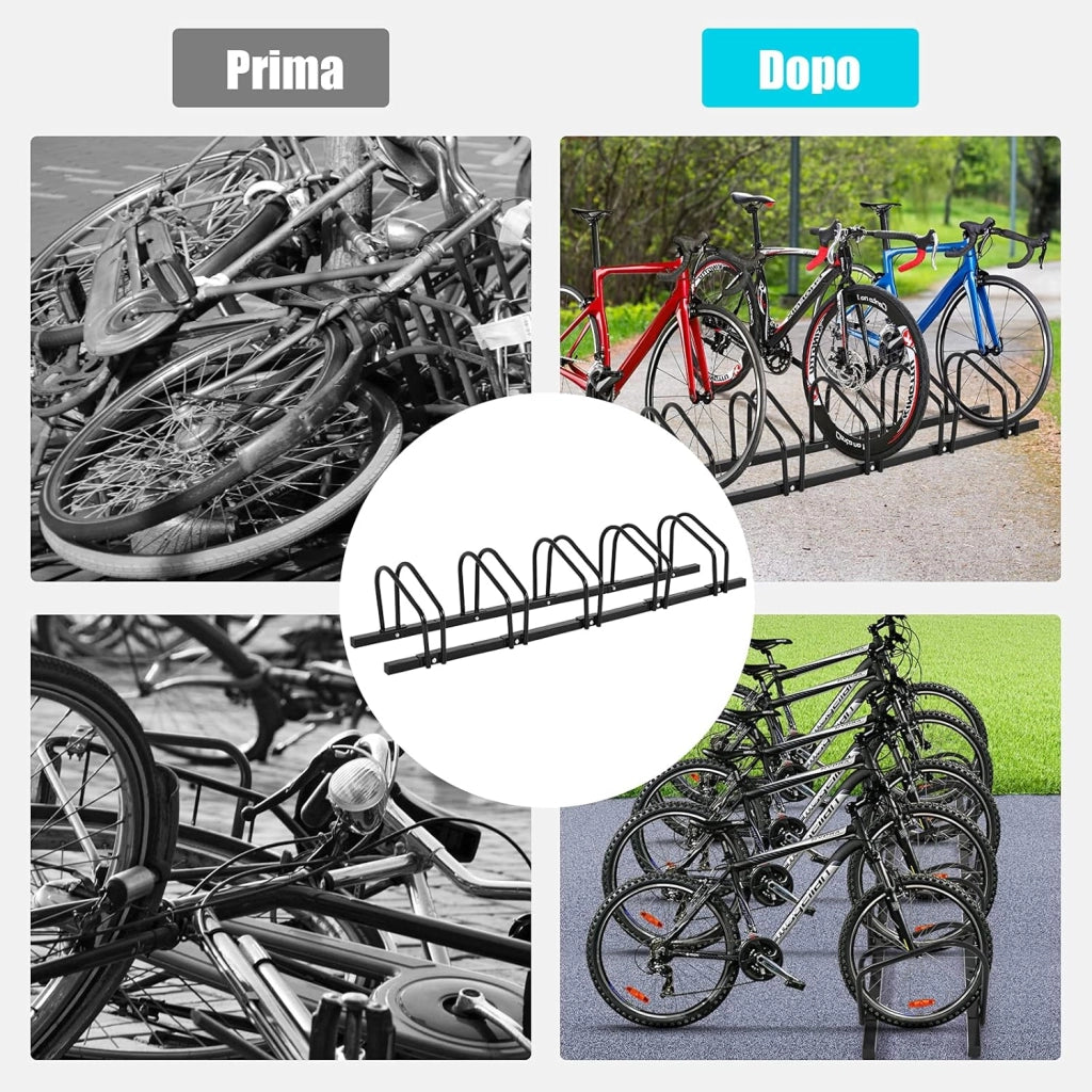 Rastrelliera per Biciclette, Portabiciclette Parcheggio Organizzatore per 4/5/6 Bici, Parcheggio per Biciclette, Telaio d'Acciaio (Nero, 5 Bici)