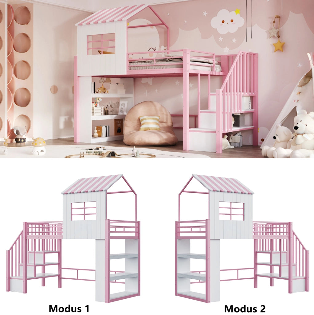 Letto a soppalco multifunzione 90 x 200 cm con scala contenitore e scaffale; rosa