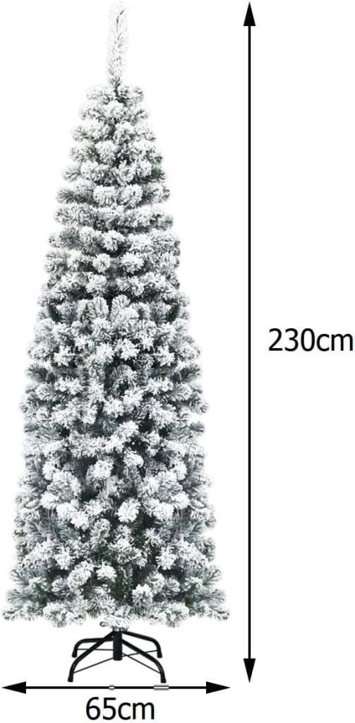 Albero di Natale Stretto e Alto Slim 140/180/225 cm, con 150/250/350 Luci Incorporate, Albero Innevato Romantico, Supporto in Ferro, Rami Spessi, Effetto Realistico