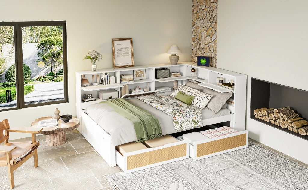 DESMIU Lit simple 140 × 200 cm con contenitore, USB e Type-C, 2 cassetti, senza materasso, in MDF, bianco