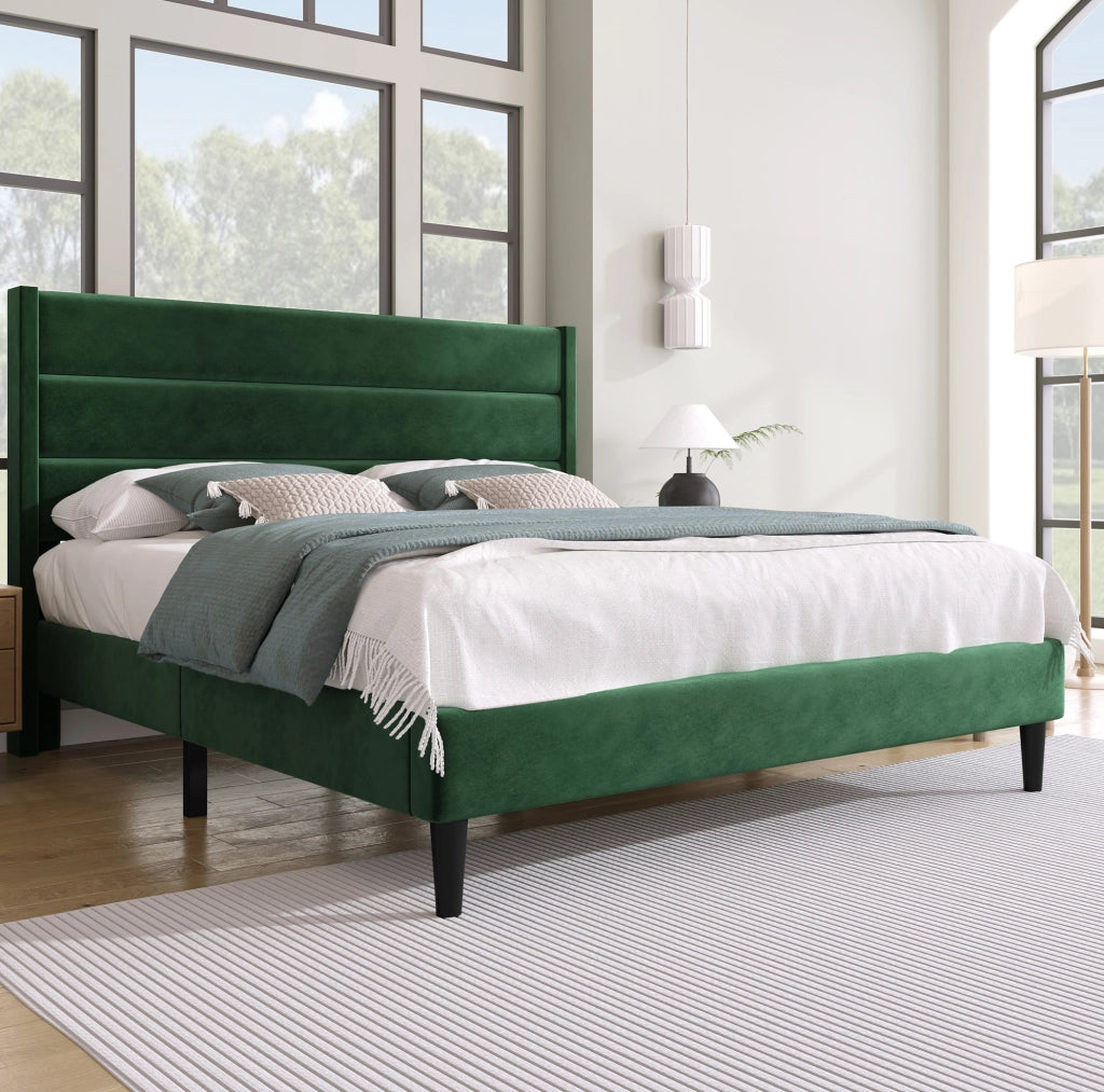 Letto imbottito 140x200 cm con materasso ortopedico a 7 zone; velluto verde scuro