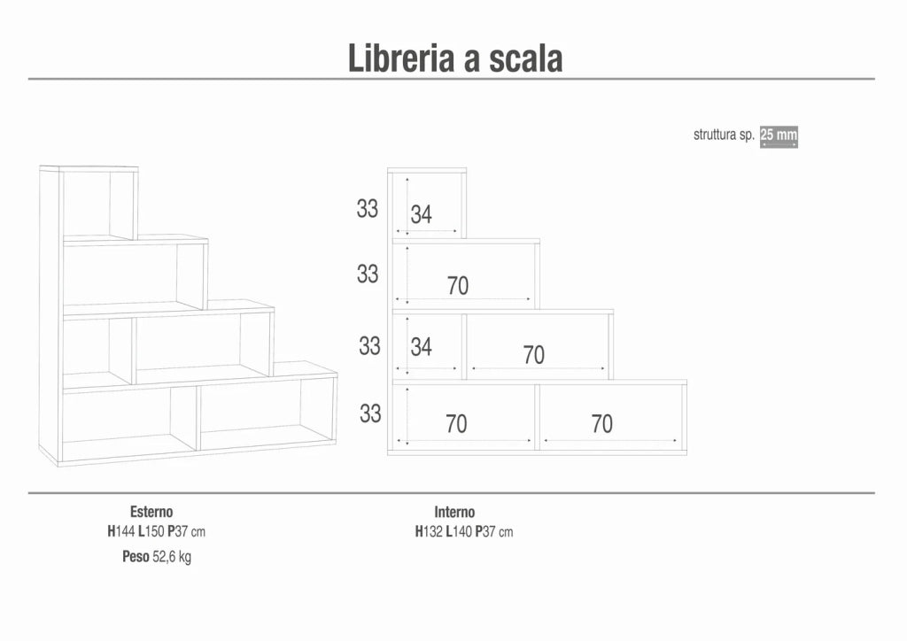 Libreria a scala 150x37x144H cm 4 livelli in kit colore Bianco Ossido