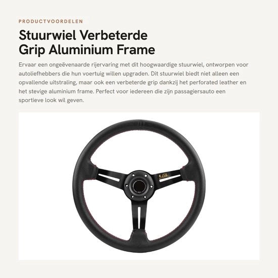 Sterzo Universale da 350 mm - Aderente in Pelle Forata - Lega di Alluminio - Colore Nero/Rosso - Manopola Rafforzata - Sterzo da Corsa