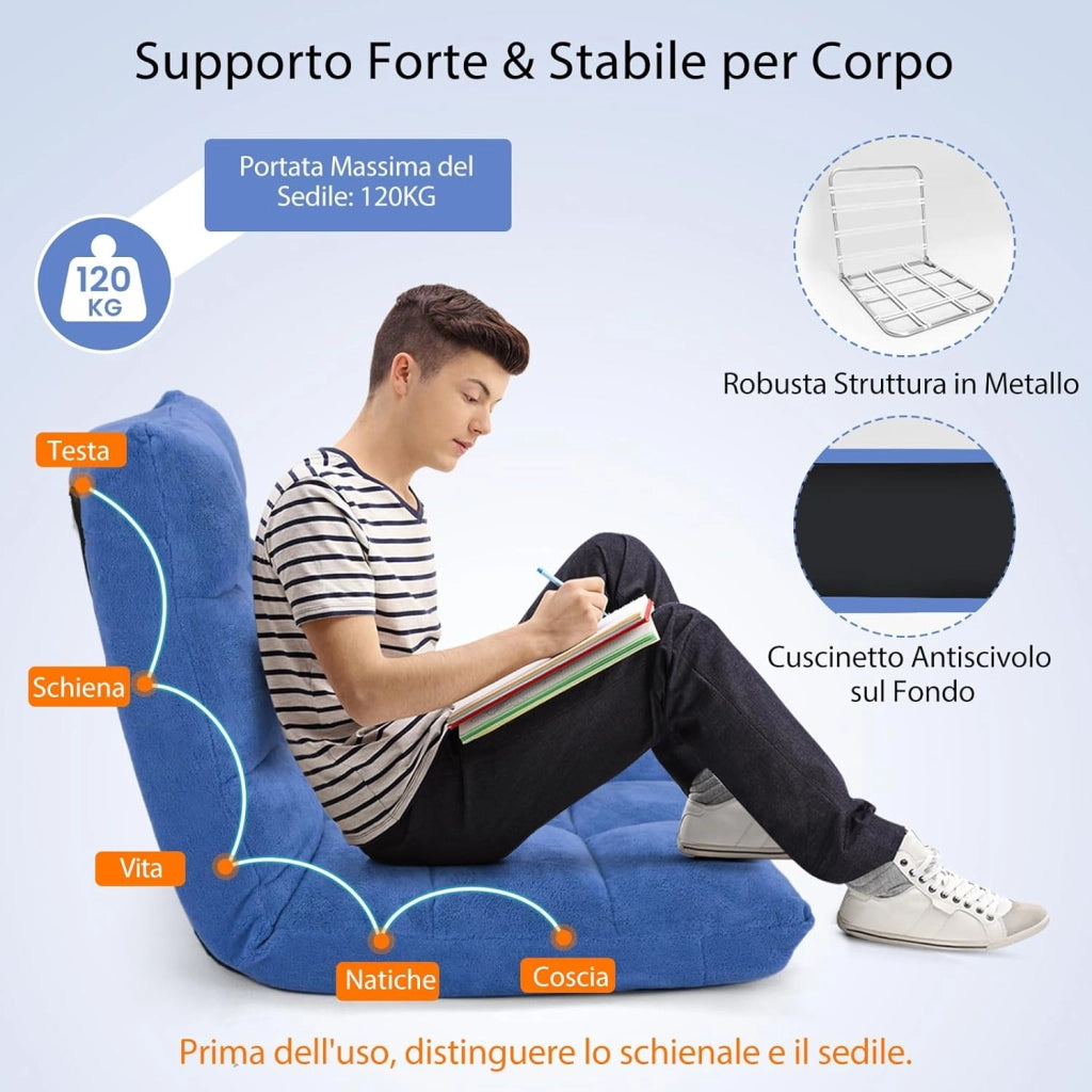 Sedia da Pavimento, Poltrona Imbottita Regolabile in 14 Posizioni 90°-180°, Cuscino da Terra Pighevole Imbottito, Sedia Reclinabile per Relax, Yoga, Lettura (Blu)