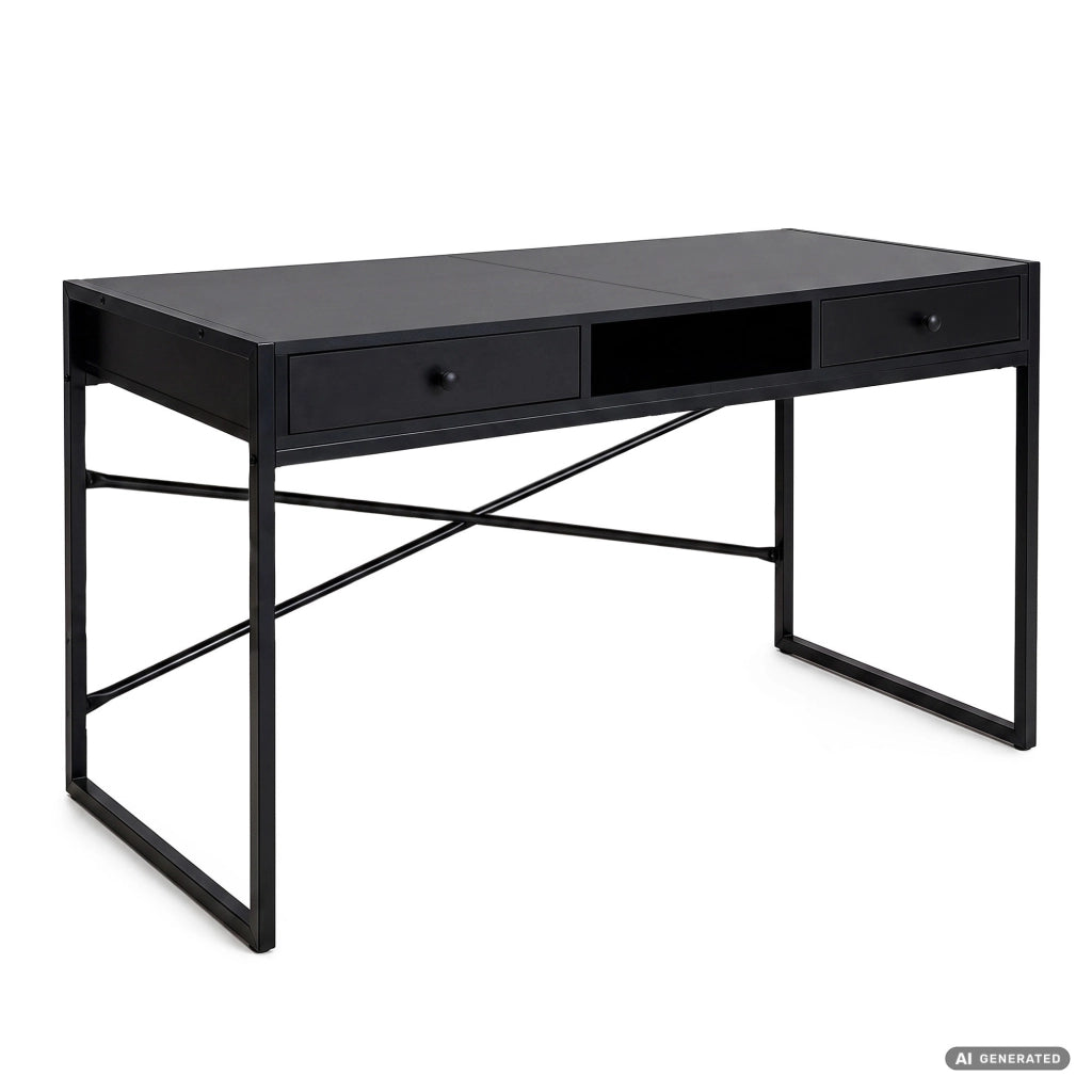 Scrivania industriale per computer Nera ELONIS 123 cm 2 cassetti 1 ripiano gambe nere