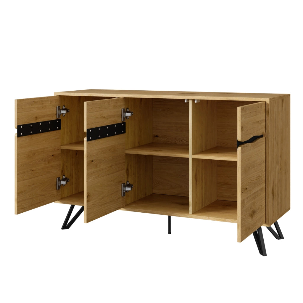 Sideboard 3 Ante in Truciolare Effetto Legno con Gambe in Metallo Nero – 140x40x75,5 cm, Contenitore Versatile per Soggiorno, Sala da Pranzo o Ingresso