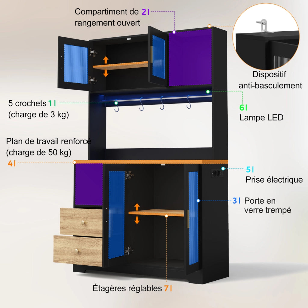 Credenza alta da cucina LED con prese USB; 110x40x178 cm; MDF; nera