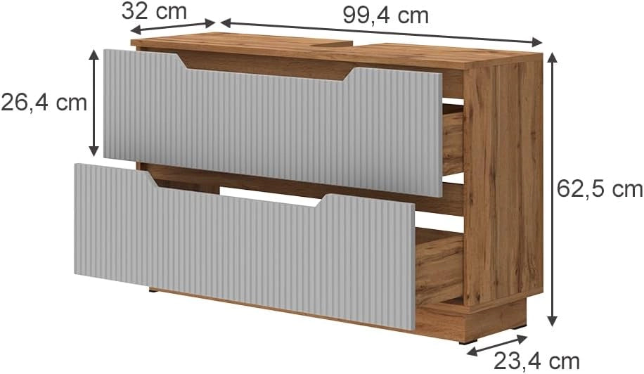 Mobile sottolavabo per bagno Lotta, Quercia/grigio, 99.4 x 62.5 cm con 2 cassetti