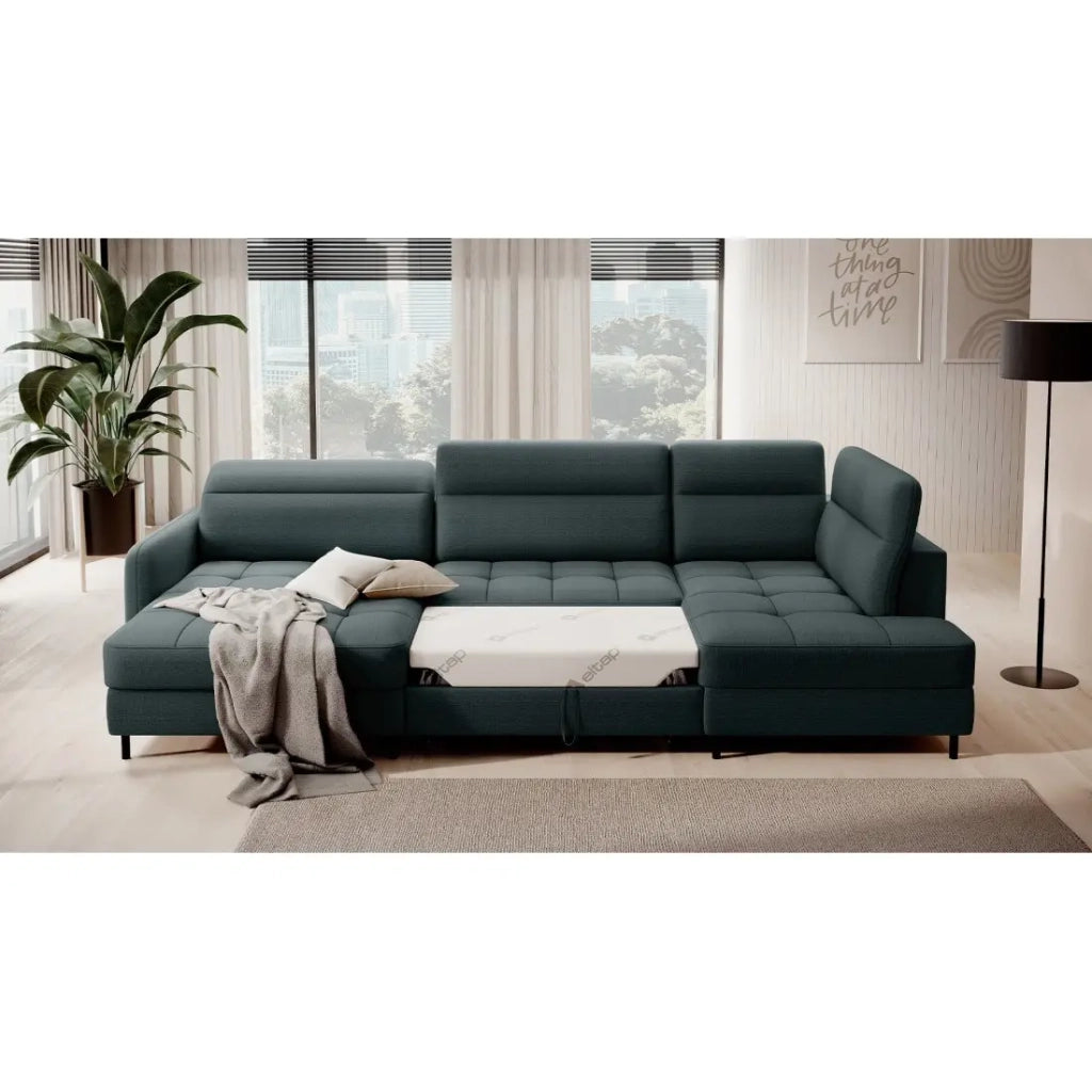 Divano angolare convertibile BERTHO 306 cm verde scuro – Angolo sinistro con contenitore