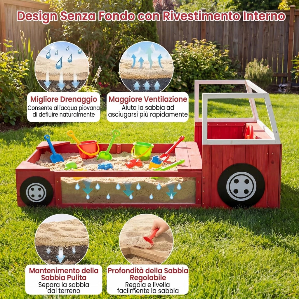 Sabbiera per Bambini in Legno Massello, Sabbionaia da Esterno con Panca Sedile e Fodera, Forma di Autopompa, Gioco per Spiaggia, Cortile e Giardino, 156x80x70 cm