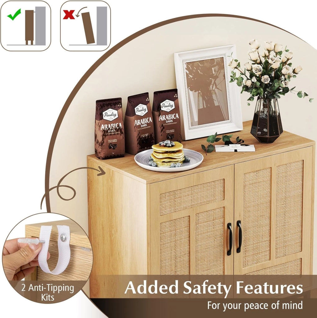 Credenza Cucina con 2 Ante in Rattan, Ripiano Regolabile in 3 Posizioni, Gambe in Metallo, Kit Antiribaltamento, Mobile Cucina Dispensa, Mobiletto per Soggiorno, Sala da Pranzo (Naturale)