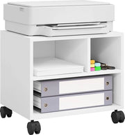 Tavolo da stampante con ruote, stand per stampante mobile, supporto stampante su ruote, contenitore per ufficio ripiegabile, cassa archivio, con 3 contenitori, per ufficio, stanza di lavoro, 40 x 35 x 30 cm, bianco