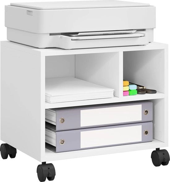 Tavolo da stampante con ruote, stand per stampante mobile, supporto stampante su ruote, contenitore per ufficio ripiegabile, cassa archivio, con 3 contenitori, per ufficio, stanza di lavoro, 40 x 35 x 30 cm, bianco