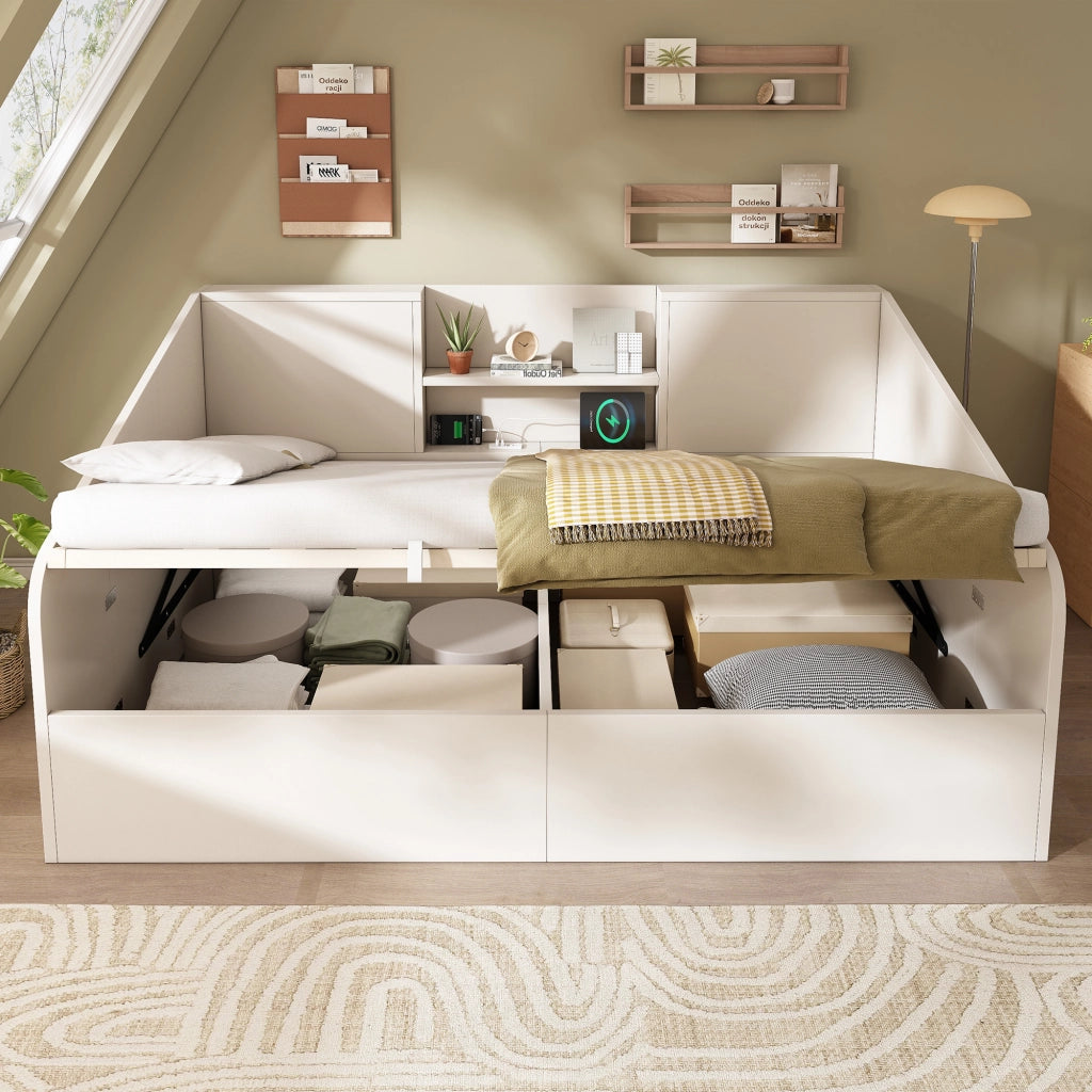 DESMIU Divano letto 140 × 190 cm 2 posti con 2 ripiani, USB, Type-C, senza materasso, in legno, bianco